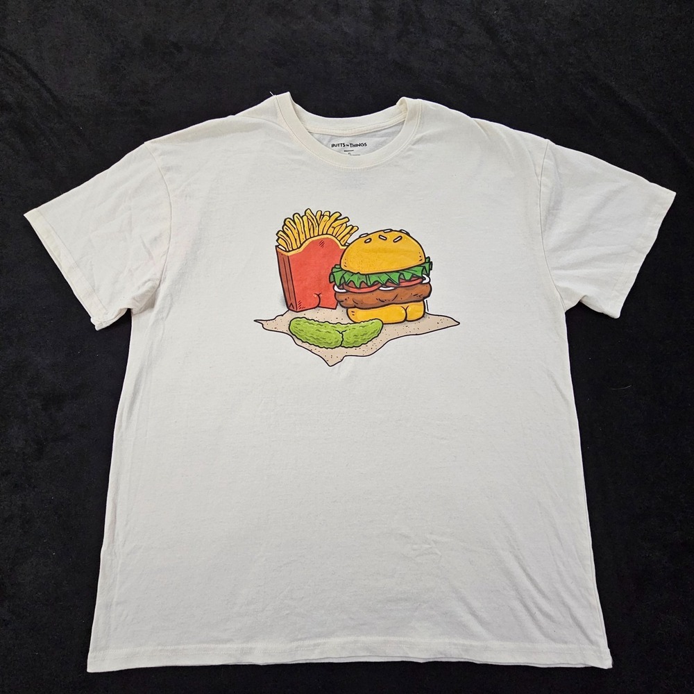 Butts on Things Burger Meal Beige‎ Short Sleeve Cotton Blend T-Shirt Men's XL